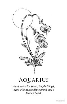 a black and white drawing of flowers with the word aquarius