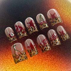 cheetah gel x nails! Gel Cheetah Nails, Cheetah Toe Nails Designs, Cheetah Print Nails Y2k, Cheetah And Cherry Nails, Short Dark Red Nails With Design, Grill Nails, Cheetah Cherry Nails, Leo Inspired Nails, Graphic Nail Designs