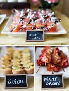 different types of food are displayed on small trays with chalkboard signs that read brunch cuts and maple bacon