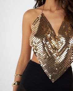 Gold shiny chainmail V-neck top Gold Crop Top For Club And Party Season, Gold Crop Top For Party Season, Metallic Shiny Top For Party Season, Glamorous Gold Tops For Summer, Shiny Gold Tops For Summer, Gold Crop Top For Evening, Gold Tops For Party Season Night Out, Glamorous Metallic Tops For Party Season, Shiny Gold Tops For Night Out