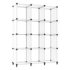 a white shelving unit with four shelves