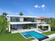 an aerial view of a house with a swimming pool