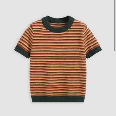 Cider Nostalgic Short-Sleeve Sweater New With Tags Acrylic, Nylon, Polyester Size: Xs 70s Short Sleeve Sweater, Retro Orange T-shirt For Fall, Fall Striped Short Sleeve T-shirt, Striped Short Sleeve Fall T-shirt, Striped Short Sleeve T-shirt For Fall, Striped Short Sleeve Tops For Fall, Retro Orange Tops For Fall, Retro Orange Short Sleeve Tops, Casual Burnt Orange Crew Neck Top