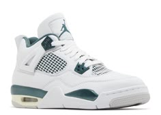 The Jordan 4 Retro "Oxidized Green" is a fresh take on the classic Air Jordan 4 silhouette. Featuring an all-white leather upper, this model incorporates accents of oxidized green across the midsole, sockliner, eyestays, and the Jordan Jumpman logos on the tongue and heel. Additionally, the midsole includes touches of sail, and the outsole is finished in neutral grey. Summer Collection Men, Jordan Shop, Jordan 4’s, Pretty Sneakers, Jordan Yeezy, Jordan Retro 4, Jumpman Logo, Womens Air Jordans, Retro 4