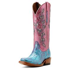 A modern take on tradition for today's cowgirl, this dreamy boot is a stunner. Iridescent lizard leather shines under the rodeo lights, while vintage-inspired floral inlays turn heads around town. An extra layer of heel-to-toe cushioning provides maximum comfort in and out of the stirrup. Futurity Silk Western Boot | Product Features : 0 : ATS® technology provides ergonomic support on uneven terrain, 1 : TekStep provides toe-to-heel cushion for comfort, 2 : Removable Pro Performance insole for c Pink Cowboy Boots, Heel Tap, Dream Closets, Western Boot, Shoe Lover, Vegetable Tanned Leather, Western Boots, Cowboy Boots, Product Features