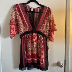 Forever 21 Red And Black Sheer Babydoll Shirt. Nwt. About 30 Inches Top To Bottom. Size Small Red Flowy Short Sleeve Blouse, Flowy Red Short Sleeve Tops, Red Forever 21 Top For Night Out, Super Cropped Top, Plus Size Bohemian, Black Peplum Top, Babydoll Shirt, Grey Crop Top, Cropped Crewneck