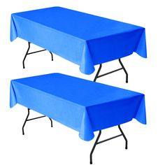 two blue rectangular tables with black legs and covers on each table, set against a white background