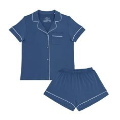 Our women’s pajama sets are designed for each stage of mama-hood — but also, just everyday coziness! Made from buttery soft Lunaluxe™ Bamboo, this indigo PJ set boasts a button-down top for easy nursing access and contrast piping for a cute & classic look. Made from custom-milled Lunaluxe™ Bamboo in a thicker fabrication that’s gentle on sensitive or eczema-prone skin Perfect for mixing and matching with our PJs for magical family matching moments No interior tags Pregnancy friendly Button down 60s Pjs, Pj Sets Women, Little Sleepies, Shorts Pajama Set, Womens Pjs, White Pajamas, Pajama Fashion, Cute Pjs, Blue One Piece