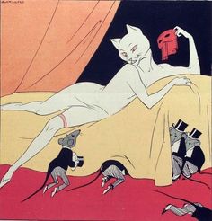 an image of a woman laying on her side with cats and mice around her in the background