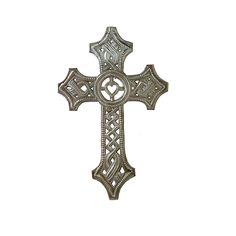 a metal cross with an intricate design on the front and back side, against a white background