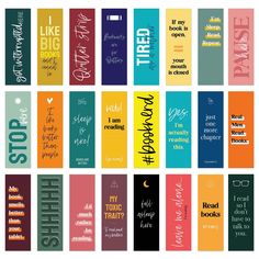 the bookmarks are lined up in different colors and font styles, including one that says i love books