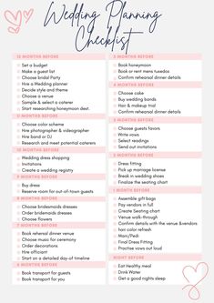 the wedding planning checklist is shown in pink and blue