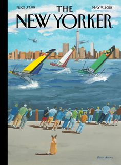 an advertisement for the new yorker with people flying kites and dogs on the beach