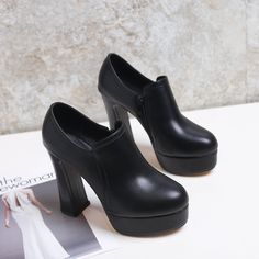 Heels:Approx 12cm Platform:Approx 3cm Upper Material:Pu Leather Outsole:Rubber If your foot is a little wide and fat, we suggest you choose 1 size larger, pls measure your foot length and choose a correct size. Thank you! Size Chart: Euro/CN 34 = foot length 21.5-22cm (Foot width=8-8.5cm) Euro/CN 35 = foot length 22-22.5cm (Foot width=8.5cm) Euro/CN 36 = foot length 22.5-23cm (Foot width=8.5-9cm Euro/CN 37 = foot length 23-23.5cm (Foot width=9cm) Euro/CN 38 = foot length 23.5-24m (Foot width=9-9 Black Chunky Platform Heels With Closed Toe, Black Chunky Platform Heels With Round Toe, Black Chunky Platform Ankle-high Heels, Black Chunky Platform Boots With Round Toe, Black Platform Boots With Chunky Platform And Round Toe, Black Ankle-high Heels With Chunky Platform, Black Ankle-high Chunky Platform Heels, Black Block Heels With Wide Fit, Black High Heels With Thick Bottom