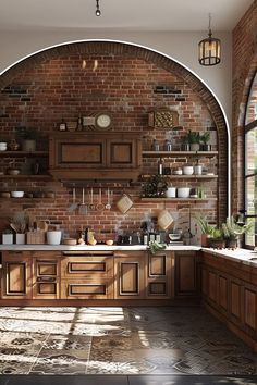 an arched brick wall in a kitchen with wooden cabinets and counter tops, surrounded by potted plants