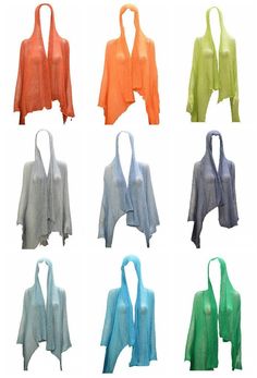 six different colors of sweaters hanging from the same hanger, each with an open front