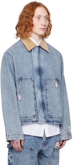 Moschino.Blue Long Denim Jacket.Garment-washed non-stretch denim jacket. Fading and distressing throughout..· Corduroy trim at spread collar.· Zip closure with press-stud placket.· Patch pockets.· Logo patch at back collar.· Adjustable button-tabs at back.Supplier color: Fantasy print.100% cotton..Made in Turkey..241720M177000 Light Wash Denim Collared Outerwear, Light Wash Collared Denim Outerwear, Winter Washed Denim Collared Jacket, Washed Denim Collared Outerwear, Dark Wash Collared Denim Jacket, Collared Washed Denim Outerwear, Washed Denim Blue Collared Outerwear, Denim Blue Washed Collared Outerwear, Medium Wash Denim Jacket With Lapel Collar