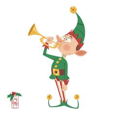 a cartoon elf is playing the trumpet