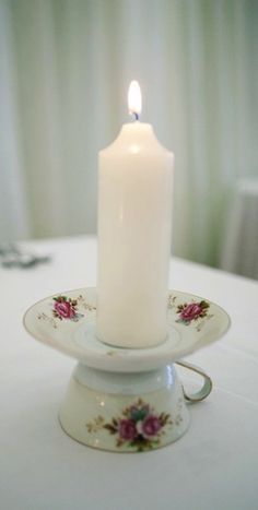 a lit candle sitting on top of a plate