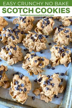 easy crunch no bake cookie cookies on a baking sheet with chocolate chips and oats