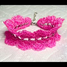 Handmade Pink Crochet Lace Bracelet By Fancy Knots. Has A Silver Center Chain, Lobster Clasp And Extender Chain. Made With Nylon Thread. New With Tags. Adjustable From 7” To 9”. Please Contact Me If You Have Any Questions. Want To See More Handmade Items From Fancy Knots? Visit Fancyknots.Com. Adjustable Pink Chain Bracelet, Pink Adjustable Chain Bracelet For Party, Adjustable Pink Chain Bracelet For Party, Pink Adjustable Choker With Chain, Pink Adjustable Chain Choker, Pink Choker With Adjustable Chain, Pink Adjustable Choker, Fancy Knots, Lace Bracelet