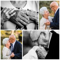 an older couple embracing each other in black and white photos with trees in the background