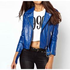 Blue Shiny Lambskin Leather Biker Belted Jacket - High Quality Leather Jackets For Sale | Dream Jackets On Jackethunt Blue Leather Jacket Outfit, Blue Motorbike, Motorcycle Racing Jacket, Leather Jacket Details, Fashion Leather Jacket, Blue Leather Jacket, Womens Biker Jacket, Leather Jacket Style, Lambskin Leather Jacket