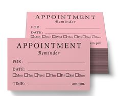 two pink appointment cards sitting on top of each other with the word appointment printed on them