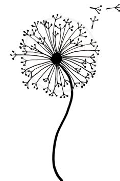 a dandelion with small black leaves blowing in the wind on a white background