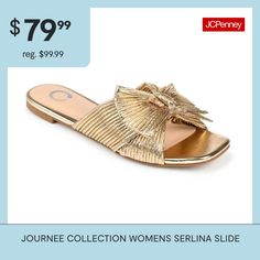 The Serlina slip-on sandal from Journee Collection is a perfect blend of style and comfort, featuring an open-toe design and easy slip-on functionality for a fashionable and convenient choice. The 4 mm tru comfort foam footbed ensures a cushioned and supportive experience with each step. With a 1/2-inch flat heel and man-made uppers, the serlina sandal adds a touch of modern sophistication to your warm-weather wardrobe. Also available in wide width. Features: ComfortClosure Type: Slip-OnFootwea… Trendy Gold Slides For Spring, Chic Gold Slides For Spring, Casual Gold Slides For Spring, Chic Summer Slip-on Slides, Gold Flat Slides, Gold Mules With 4-inch Heel For Party, Gold Synthetic Slip-on Wedge Sandals, Journee Collection, Toe Designs