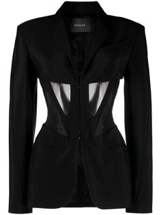 Iconic single-breasted corseted blazer from MUGLER featuring black, corset style, tulle inserts, shawl lapels, front hook and eye fastening, long sleeves, buttoned cuffs, chest welt pocket, two front patch pockets and central rear vent. This piece fits true to size. We recommend you get your regular size Model is 1,75m / 5ft 8in wearing size 36 (FR) Corseted Blazer, Prudence Blackwood, Corset Blazer, Black Tweed, Wool Blend Jacket, Style Noir, Black Corset, Single Breasted Jacket, Jacket Brands