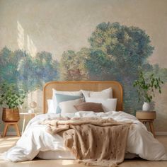 a bedroom with a large painting on the wall