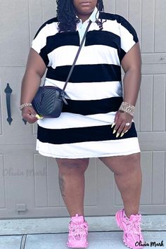 Olivia Mark - Stylish Plus Size Short Sleeve Dress with Striped Print and Turndown Collar - Perfect for Casual Fashion in White White Plus Size Dresses, Striped Print Dresses, Style Bleu, White Fashion Casual, Dress Sleeve Styles, Stylish Plus, Casual Stripes, Turndown Collar, Patchwork Dress