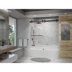 a bathroom with marble and wood accents, including a large bathtub next to a walk in shower