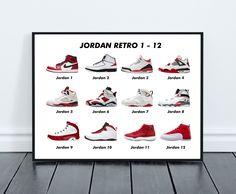 "This Jordan 1 - 12 Sneaker Collection digital art print can be printed on any printer using paper of your choice or you can send to a local or commercial printer such as Instaprint, Office Depot, etc. You can also send to a photo printer such as Walgreens, Shutterfly, etc. to order photos prints, posters, or other photo products. Once purchased, you will get a link to download the prints, and the files will be emailed to you. You can also access your prints anytime in your Etsy account in your Sneakerhead Gifts, Jordan Retro 1, Nike Shoes Jordans, Commercial Printing, Sneaker Art, Retro 1, Retro Sneakers, Office Depot, Digital Art Print