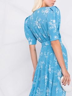 Shop Ulyana Sergeenko floral-print midi dress with Express Delivery - FARFETCH Ulyana Sergeenko, Midi Dress Blue, Floral Print Midi Dress, Flowing Skirt, Blue Midi Dress, Printed Midi Dress, Fitted Bodice, Dress Blue, Puff Sleeves