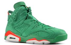 To commemorate Michael Jordan’s 1991 iconic ‘Like Mike’ Gatorade commercial, Nike debuts the Nike Air Jordan 6 Retro NRG in Green Suede. The exterior is outfitted with a bold green, white and orange colorway. It features a sports bottle-inspired lace lock, perforated suede upper and supportive Air unit sole. The sneaker is accented with a Gatorade-branded insole and “If I Could Be” embroidered on the interior of the tongue. SKU: AJ5986-335 Release Date: 31 Dec 2017 Color: Pine Green/Orange Blaze Green Throwback Sneakers For Streetwear, Jordan 11 Women, Vapour Max Nike, Air Jordan 6 Retro, Nike Sacai, Nike Air Jordan 6, Low Air Jordan 1, Jordan 6 Retro, Like Mike