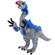 an inflatable toy dinosaur with blue feathers and black feet, standing on its hind legs