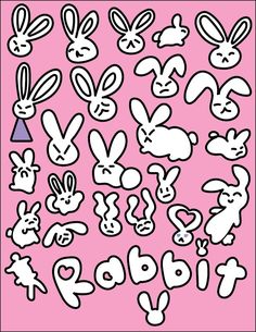 an image of some bunny faces on a pink background with black and white outlines