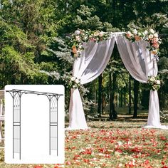 an outdoor wedding ceremony setup with flowers on the ground and white drapes over it