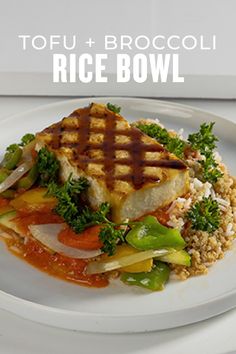 tofu and broccoli rice bowl on a white plate with text overlay