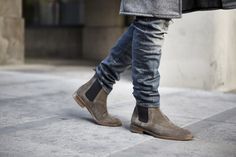 distressed-denim-overcoat-chelsea-boots Grey Leather Boots, Mens Winter Shoes, Mens Fashion Denim, Chelsea Boots Mens