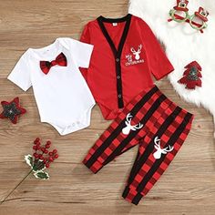 Cotton Blend Button Closure Material--- This Baby Boy Christmas Clothes Set Is Made Of Cotton Material Which Is Soft, Skin-Friendly, Breathable And Comfortable To Wear, Suitable For Newborn Baby Boys And Girls In Daily Wearing. Design---3 Pieces Infants Baby Unisex Wear Set Is Consist Of Solid Color O-Neck Romper, V-Neck Coat And Long Pants. Deer, Letter And Plaid Print Patterns Are Charming, Which Makes Your Baby More Lovely And Fashion. Features--- Elastic Waist Trousers And Round Collar Rompe Family Matching Red Christmas Sets, Red Festive Sets For Winter, Festive Red Sets For Winter, Red Cotton Holiday Set, Holiday Festive Red Set, Festive Red Holiday Set, Festive Red Holiday Sets, Christmas Cotton Playtime Sets, Playful Cotton Sets For Holiday