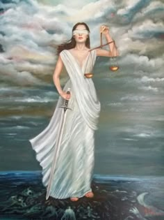 a painting of a woman in white holding a balance scale