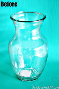 a clear glass vase sitting on top of a blue surface with the words, before