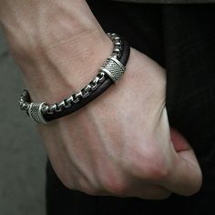 Ships Within 7-9 Days New Classic Black Bracelets With Silver Chain, Masculine Leather Bracelet With Stainless Steel Clasp, Classic Black Bracelet With Silver Chain, Classic Engraved Silver Leather Bracelet, Adjustable Black Oxidized Bracelet, Classic Black Chain Bracelet For Everyday, Classic Silver Leather Bracelet As Gift, Classic Silver Leather Bracelet For Gift, Classic Adjustable Black Chain Bracelet