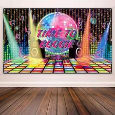 an art piece with the words time to boogie on it in front of a disco ball