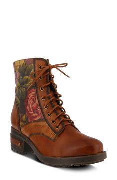 A floral design decorates the sides of a classic lace-up boot set on a low heel and a lightly lugged sole. 2" heel 5 1/2" shaft Lace-up style Cushioned footbed Textile and leather upper/textile lining/rubber sole Imported Women's Shoes Camel Boots, L'artiste By Spring Step, Spring Boots, Spring Step Shoes, Hand Painted Leather, Combat Boot, Leather Boots Women, Painting Leather, Moto Boots