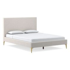 a bed with white linens and pillows on top of the headboard is shown in front of a white background