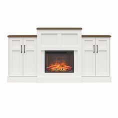 a white fireplace with an open fire place and cabinets on the sides, against a white background